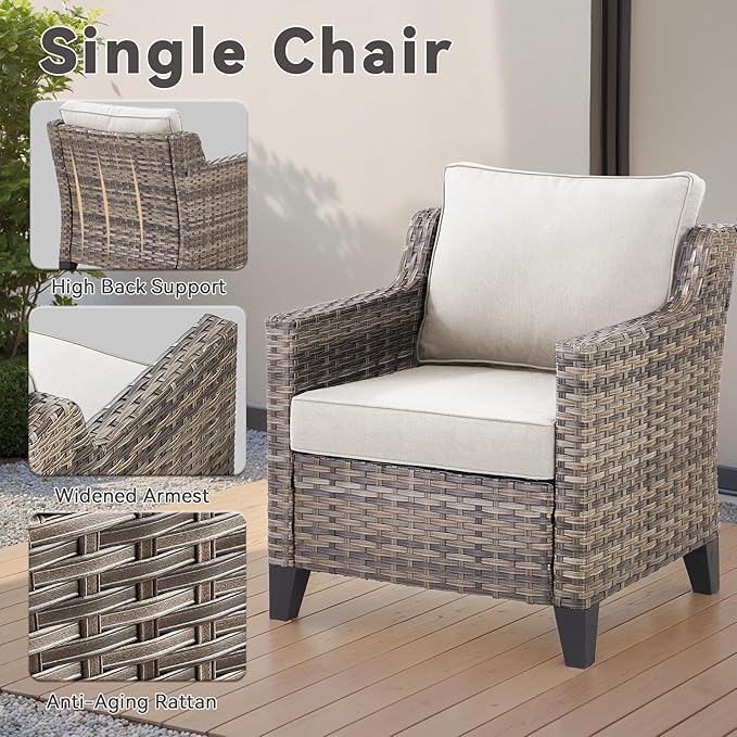 Patio Furniture Set, 5 Pieces Outdoor Wicker Rattan Sofa Couch with Rattan Chair, Ottomans and Comfy Cushions, All Weather Patio Conversation Sets, Suit for Porch Deck Garden