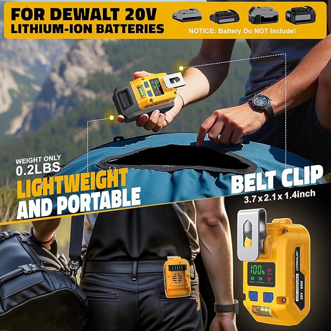 65W USB Battery Adapter Compatible with Dewalt, LIVOWALNY Power Inverter Battery Inverter Charger Power Station Power Supply with Type-C Port & USB Port & LED Light for Electronic Device