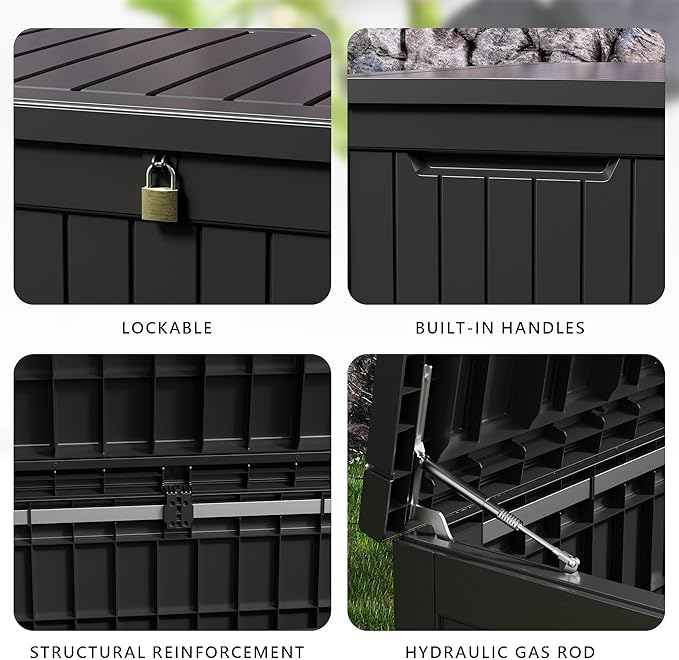 DRATO 280 Gallon Deck Box, Outdoor Large Waterproof Resin Storage Box with Lockable Lid for Patio Cushions, Gardening Tools, Black