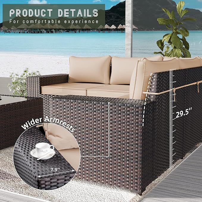16 Pieces Outdoor Patio Furniture Set Patio Furniture Outdoor Sectional Sofa Conversation Set w/ETL Approved 45" Gas Outdoor Fire Table & Coffee Table, Swivel Rocking Chair Brown