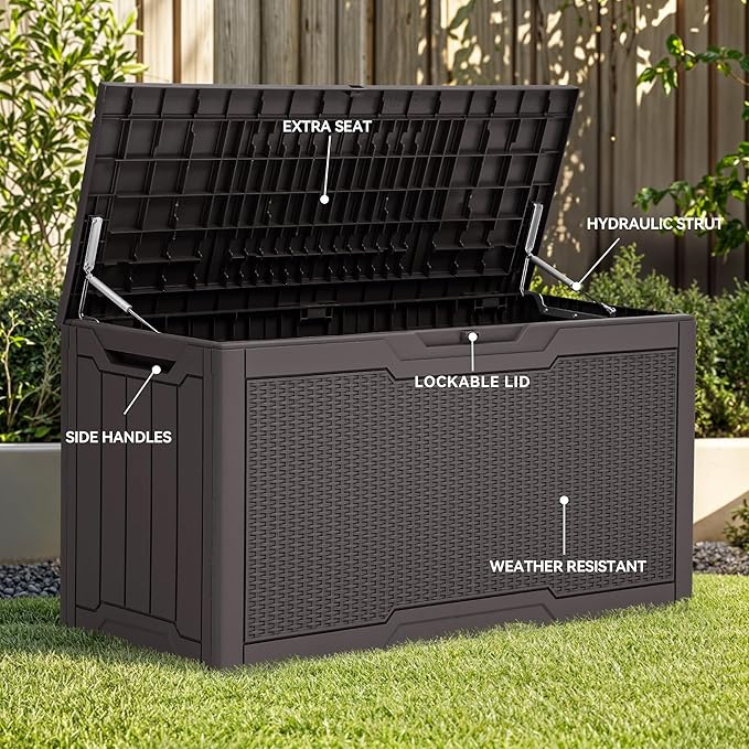 YITAHOME 80 Gallon Outdoor Storage Box, Large Water Resistant Resin Deck Box, Indoor Outdoor Lockable Rattan Storage Container for Patio, Garden, Cushions, Tools, Equipment (Dark Brown)