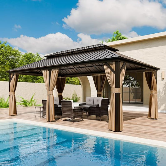 COOS BAY 12x20 Hardtop Gazebo with Aluminum Frame, Galvanized Steel Double Roof Outdoor Pavilion with Netting and Curtains, Dark Brown/Tan