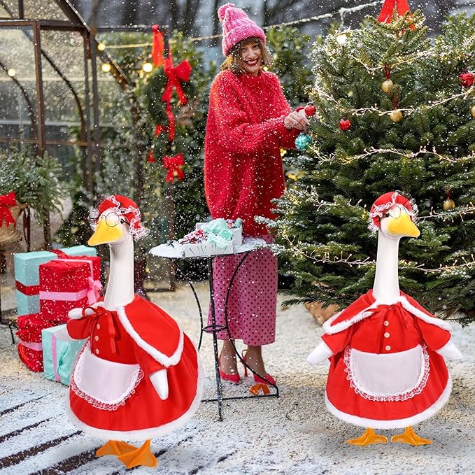 Mrs. Claus Porch Goose Outfits Christmas Lawn Goose Clothes Fits 23" Cement Plastic Goose Statue for Christmas Outdoor Garden Yard Patio Statue Art Decoration