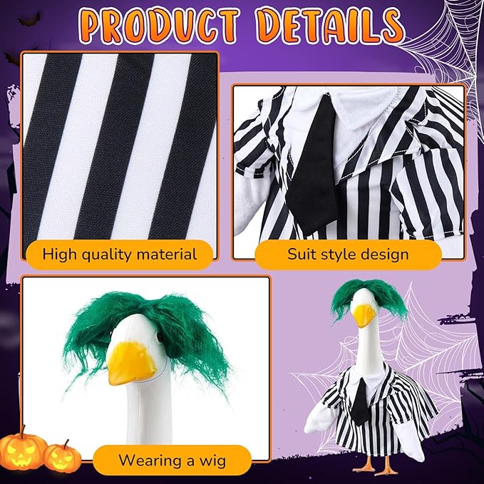 Halloween Porch Goose Outfits Black and White Striped Suit and Wig Movie Clothes for 23 Inch Cement Goose Halloween Costume Outdoor Yard Lawn Garden Patio Decor