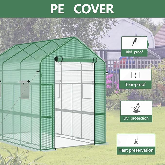 Greenhouse, 57 x 85 x 77'' Greenhouses for Outdoors, with Mesh Side Windows, PE Cover, 8 Shelves, Heavy Duty Walk in Green House for Backyard Garden Indoor, White& Green Outside