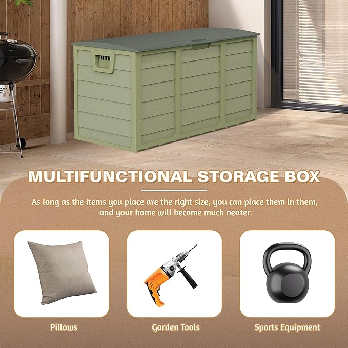 75 Gallon Outdoor Deck Box - Heavy Duty Resin Storage with Lockable Lid, UV Resistant for Patio Furniture Cushions, Pillows (Green)