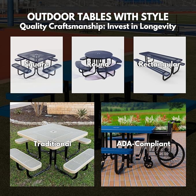 COATEDOUTDOORFURNITURE Heavy-Duty Portable Outdoor Picnic Table with Umbrella Hole, Expanded Metal Commercial-Grade Patio Dining Furniture Made in America (46" Square Top, Textured Brown)