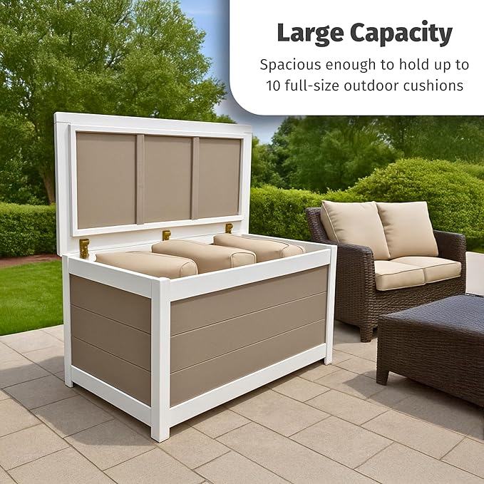 DutchCrafters Poly Waterproof Outdoor Deck Box 200-Gallon Large Deck Box Weatherproof Storage for Pool Decor, Porch Packages, Pool Towel Holder, Holds Up To 10 Cushions (Weatherwood & White)