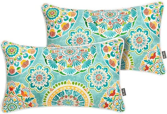 FUNHOME Set of 2 Outdoor Pillows for Patio Furniture, 12”x20” Water-Repellent Fade Resistant Outdoor Lumbar Pillow with Insert, Decorative Garden Pillows for Home Patio Coach Sofa Use-Cyan Circle