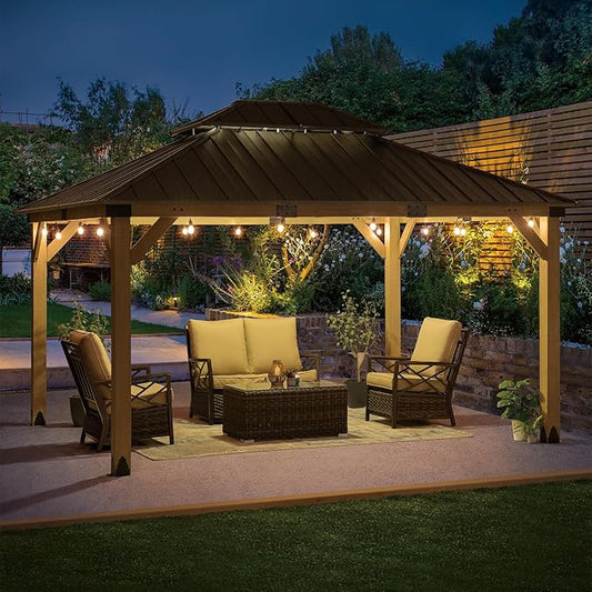 CHARMELEON 12x14 Cedar Wood Gazebo,Heavy Duty Patio Gazebo with Metal Roof,Permanent Hardtop Gazebos Pavilion for Backyard,Outdoor,Deck,Garden,Porch