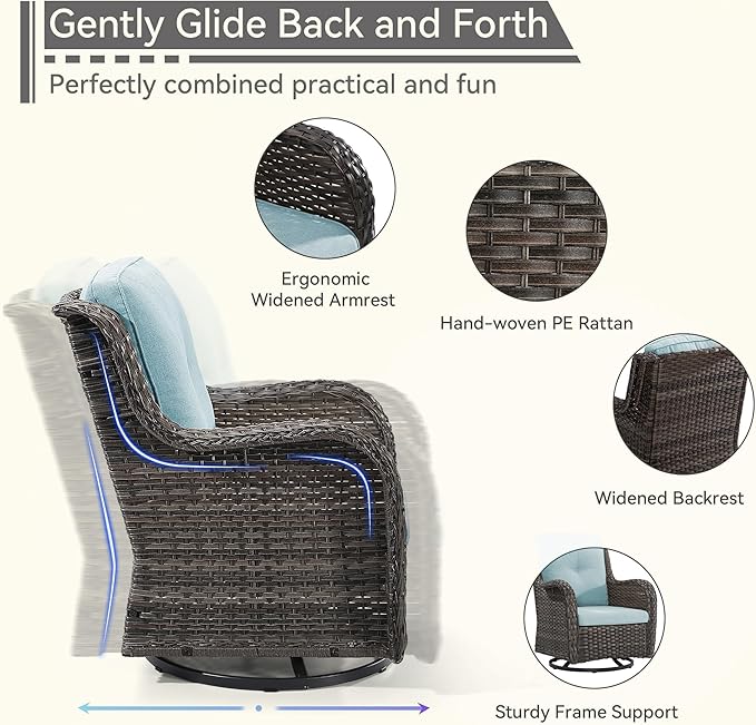 6 Pieces Outdoor Furniture Set - Patio Wicker Swivel Rocker Chair Set of 4 and 2 Side Table, Light Blue, Mixed Brown Rattan, Suitable for Porch, Yard