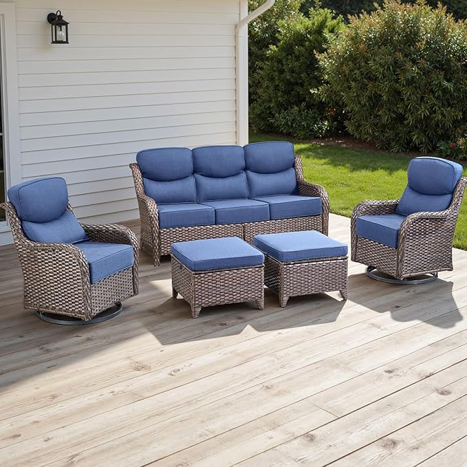 Rilyson Wicker Outdoor Patio Furniture Set - 5 Piece Patio Conversation Sets with Swivel Rocker Chairs, Ottomans and Sofa, 6 inch Cushions, Waterproof Wicker, for Porch Deck Brown/Blue