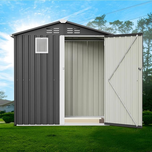 6x4 FT Metal Outdoor Storage Shed with Window, Steel Utility Tool Shed House, Garden Tool Storage Cabinet for Backyard Patio Lawn (6' x 4' No Floor Frame), Black