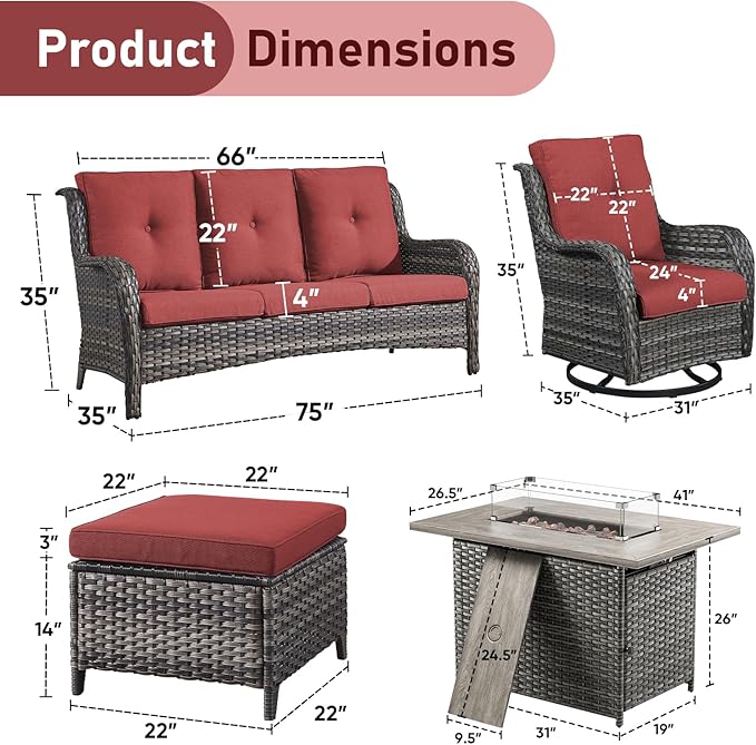 Wicker Outdoor Conversation Se with 50,000 BTU Gas Propane Fire Pit Tablet-6 Pieces Outdoor Wicker High Back Couch Patio Furniture for Deck Poolside Backyard