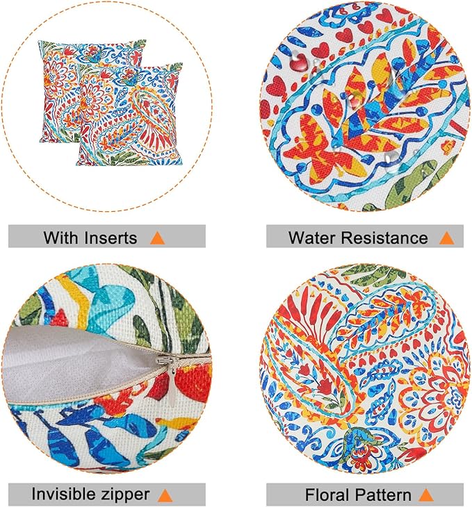 Outdoor Throw Pillows Waterproof Set of 2 Patio Pillows 18×18 Inch Decorative Pillows for Bed, Couch, Sofa and Patio Furniture