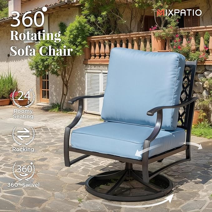 Swivel Patio Chairs Set of 2, High Back Outdoor Swivel Patio Metal Chairs with 5.75" Thick Cushions for Bistro Balcony Porch Deck and Yard, Blue
