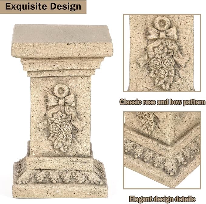 19" Tall Garden Pedestal Stand with Bow Design, Heavy Duty Magnesium Oxide Plinth, Weatherproof Outdoor Pedestal for Sculptures, Flower Pots, Decor – Sturdiness Plinth Base Statue Riser