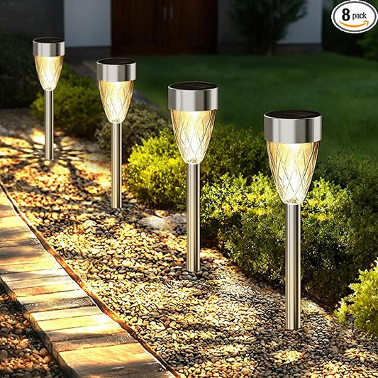 Solar Pathway Lights Outdoor, 8 Pack Stainless Steel Waterproof Solar Lights for Outside, Auto On/Off Warm White Garden Light for Yard, Lawn Driveway Landscape Backyard Walkway