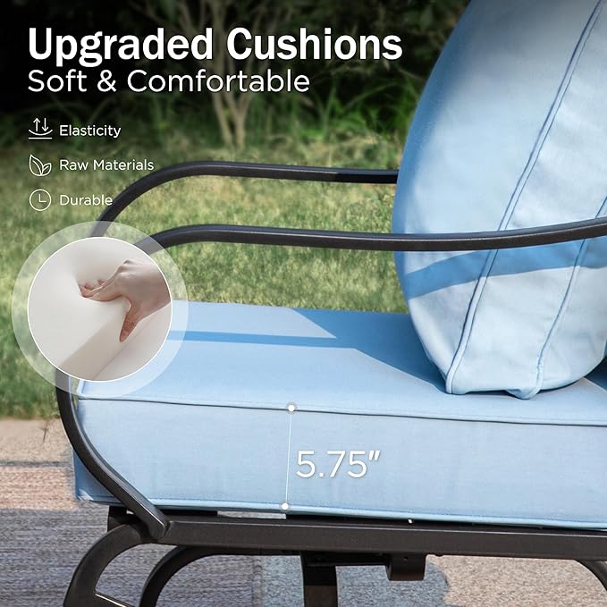 PHI VILLA 4 Piece Patio Furniture Sets for 5 Person with 1 x 3-Seat Deep Seating Bench, 2 x Cushioned Swivel Sofa Chairs & 1 x Coffee Table, Outdoor Metal Conversation Set for Lawn Garden, Light Blue