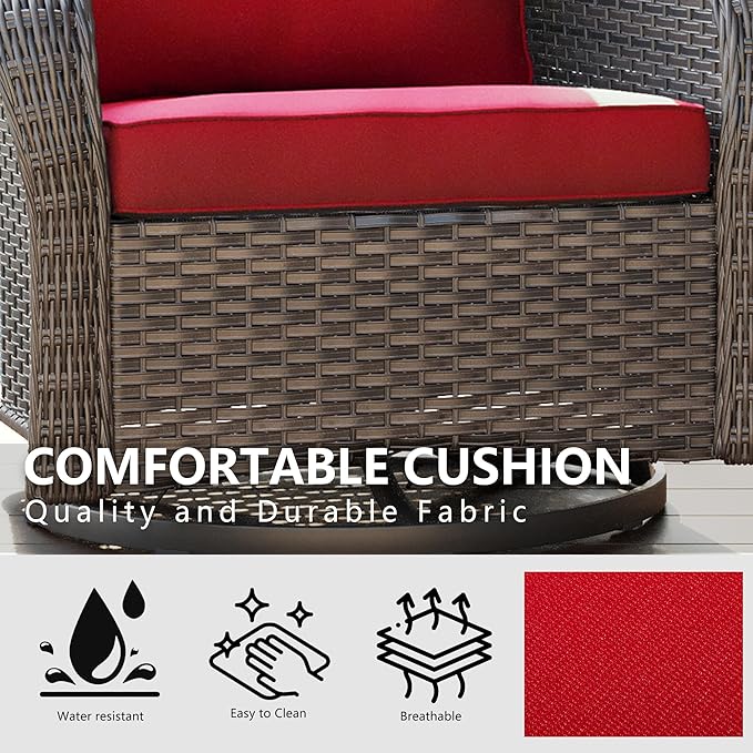 Outdoor Brown Wicker Swivel Rocking Chair - Red, 1PC, Alloy Steel Frame, 300 lbs Weight Capacity, Includes Water-Resistant Cushions