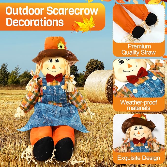 Marsui 1 Pcs 59" Large Outdoor Scarecrow Fall Harvest Thanksgiving Halloween Decoration, Life Size Standing or Sitting Scarecrow Outside Decor for Autumn Garden Yard Porch (Girl)