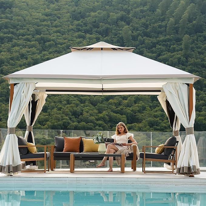 Grand Patio 10x13 FT Outdoor Double Quick Assembly Detachable Vent Soft Top Gazebo with Mosquito Netting and Curtains, 130 Sq Ft of Shade for Backyard and Garden, Beige