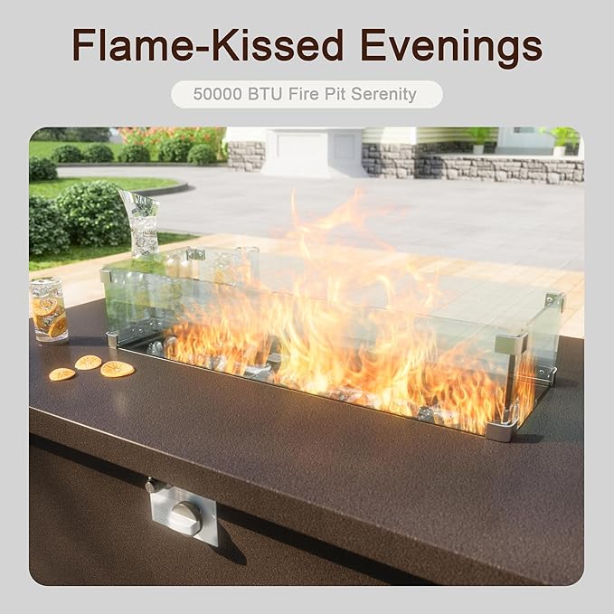 4 Pieces Patio Conversation Sets, All Weather Metal Outdoor Furniture Set, 3-Seater, 2 Single Chairs, 1 Fire Pit Table for Backyard Garden Deck Porch Poolside, Gray