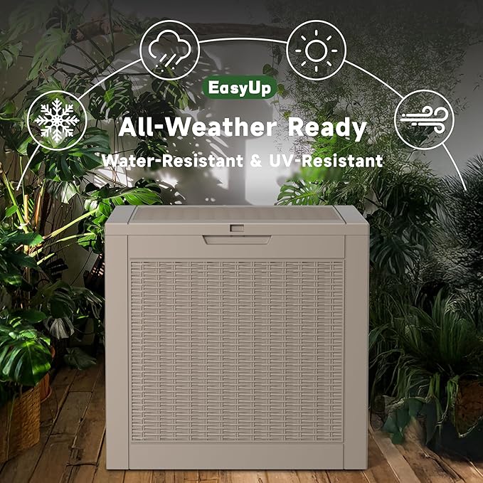 EasyUp 30 Gallon Outdoor Storage Box, Resin Waterproof UV-Resistant Deck Box, Reinforced Stability for Patio, Garden, and Poolside, Rattan Gray