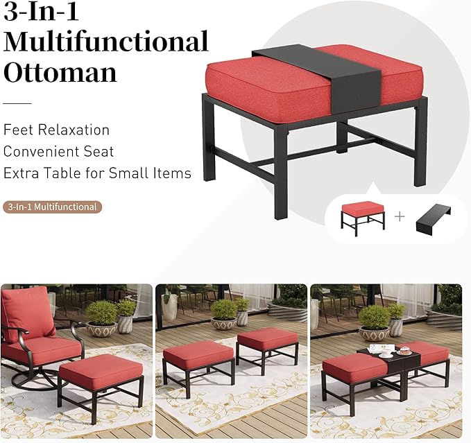 7 Piece Metal Outdoor Patio Furniture Sets, Patio Conversation Sets 1 3-Seater Sofa, 2 Fixed Chair, 2 Rocking Chair, 2 Ottomans with 5.75" Thick Cushion, Black Backyard Furniture, Red
