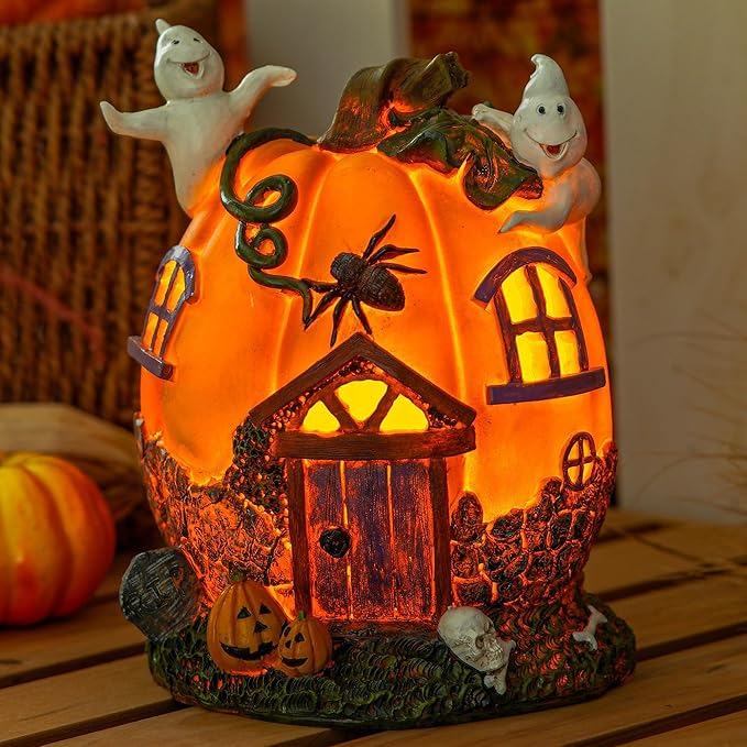 Topadorn Fall Pumpkin House Statue with LED， Pumpk Fall Decor for Home -Thanksgiving Indoor & Outdoor Party Decor, 7.09" H