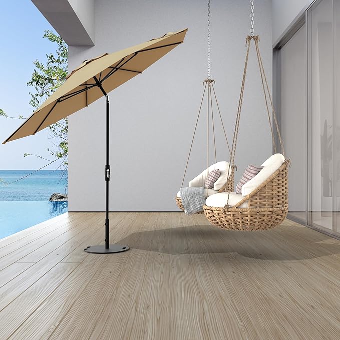 Midtown Umbrellas The Swilt 8 Feet Patio Umbrella in Sunbrella Heather Tan Acrylic Fabric - Fiberglass Ribs, Auto-Tilt Aluminum Frame For Backyard, Deck, Garden, Pool - White Pole