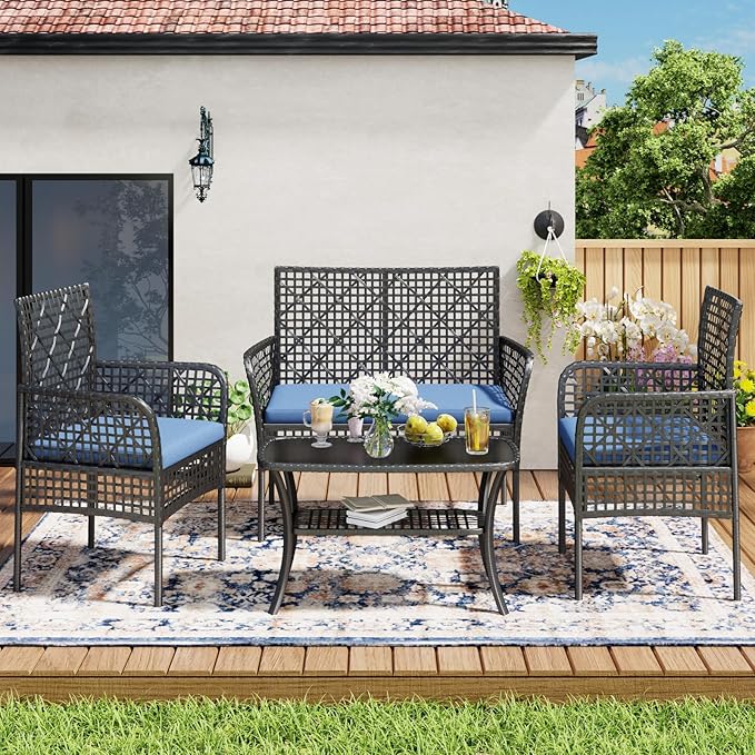 4-Piece Patio Furniture Set, Weather-Resistant Rattan Patio Conversation Set with Two-Tier Coffee Table, Upholstered Openwork Wicker Furniture for Porch, Garden, Lawn, Blue