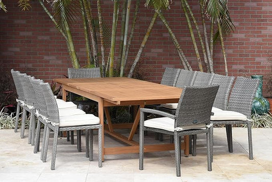 Amazonia Jefferson 13-Piece Patio Extendable Dining Table Set | Light Grey Wicker Chairs | Ideal for Outdoors and Indoors