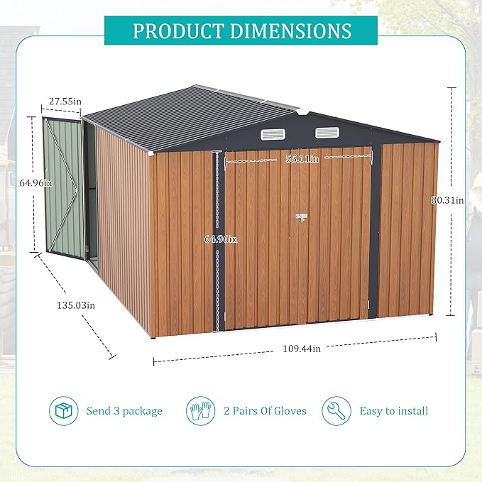 9x11 FT Outdoor Metal Storage Shed with Lockable Door, Steel Garden Utility Shed with Vents, Backyard Patio Tool Shed for Lawn Equipment, Bike, Firewood and Mower Storage, Brown