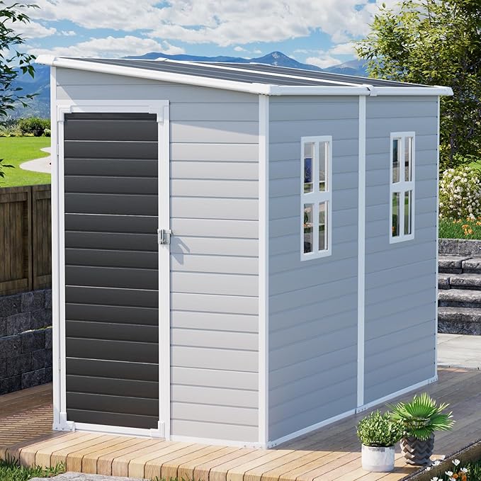 Outdoor Resin Storage Shed with Floor 8x4x6 FT Waterproof Lean to Sheds Kit Included 2 Windows Lockable Door, Plastic Tool Shed for Backyard Garden Patio Lawn