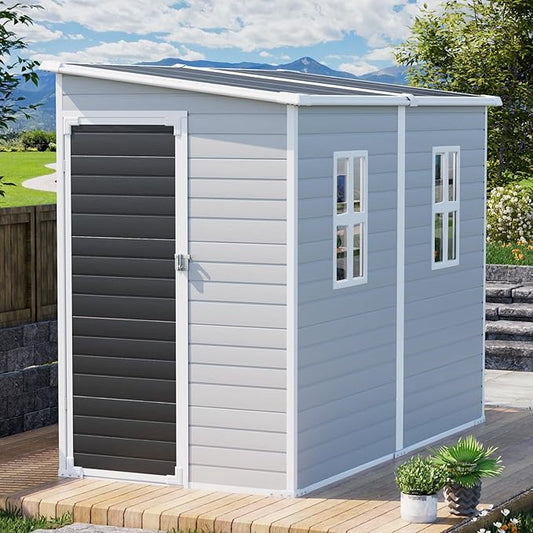 Outdoor Resin Storage Shed with Floor 8x4x6 FT Waterproof Lean to Sheds Kit Included 2 Windows Lockable Door, Plastic Tool Shed for Backyard Garden Patio Lawn