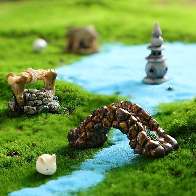 Jetec 12 Pcs Garden Accessories Miniature Bridge Mini Lighthouse Water Well Bridge Figurines Pond Lawn Ornament Figurines for DIY Craft Garden Decor(Classic Style)