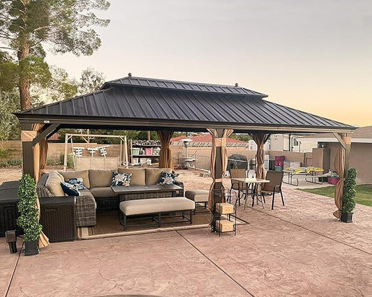 PURPLE LEAF 13' X 20' Outdoor Hardtop Gazebo Patio Wide Aluminum Frame Metal Double Roof with Heavy Duty Netting and Curtains for Permanent Hard Top Pavilion Screen, Khaki