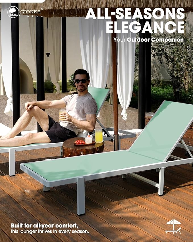 Patio Chaise Lounge Chair Set of 2, Outdoor Lounge Chairs with Wheels, 5-Position Adjustable Sun Loungers for Pool, Deck, Beach, Light Green