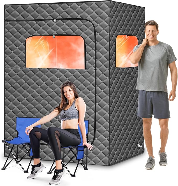 2 Person Portable Steam Sauna for Home, Extra Large Sauna Box for Relaxation, Detoxification, 2 Steamer, 2 Foldable Chair & Remote Control, Grey