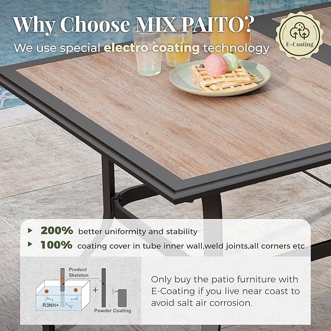 7 Pieces Patio Table and Chairs Set, Outdoor Dining Furniture Set for 6, 6 Red Textilene Chairs and 61" Wood-Like Table Top with Umbrella Hole, for Deck Backyard Lawn