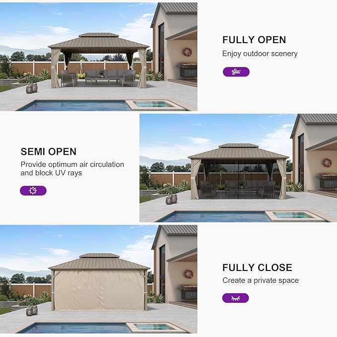 PURPLE LEAF 12' x 16' Outdoor Hardtop Gazebo, Champagne Aluminum Gazebo with Galvanized Steel Double Roof, Curtains and Netting for Patio Lawn and Garden