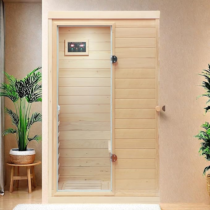 1 Person Far Infrared Indoor Sauna Hemlock Mini Single Person Sauna for Home with LCD Display & Bluetooth on The Left of The Indoor, Natural