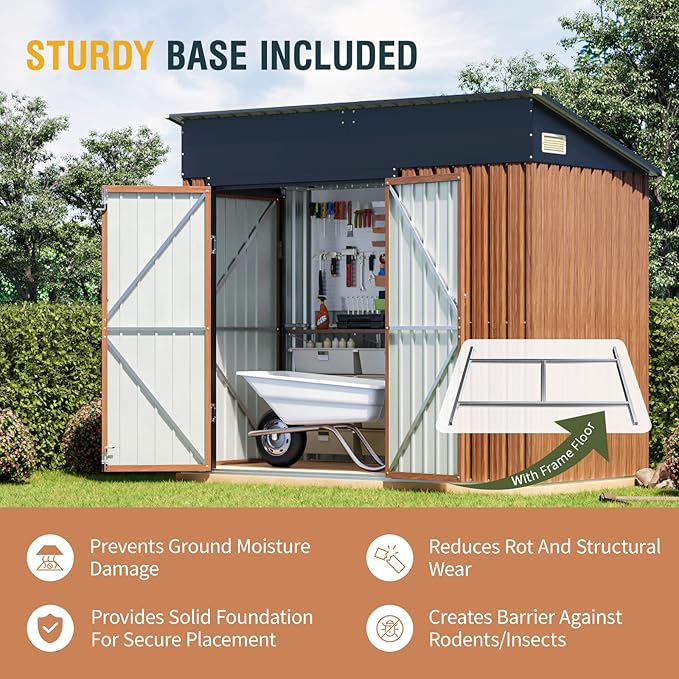 8x4 Ft Outdoor Storage Shed, Metal Garden Shed with Floor, Triple Lockable Doors & Vent, Multi-Used Shed for Backyard, Patio, Lawn and Tool & Bicycle Storage
