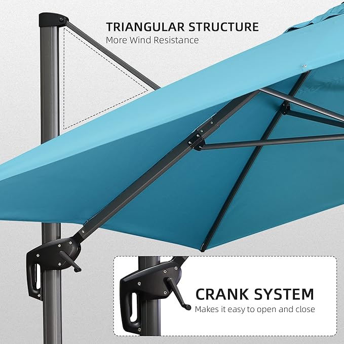 PURPLE LEAF 10' X 13' Patio Umbrella Outdoor Cantilever Rectangle Umbrella Aluminum Offset Umbrella with 360-degree Rotation for Garden Deck Pool Patio, Turquoise Blue