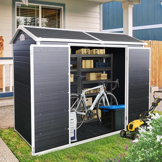 8x4ft Resin Outdoor Storage Shed with Two-Window and Double-Door, Plastic Shed with Floor for Gargen, Patio, Yard, Lawn, Grey (1 Doors) (Black, 4x8ft)