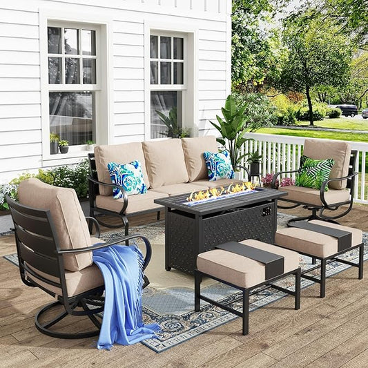 MFSTUDIO 6 Pieces Patio Furniture Sets with 45" Gas Fire Pit Table(Up to 7 Seat),Outdoor Metal Conversation Sofas with 1 x 3-Seat Sofa, 2 Swivel Chairs and 2 Ottoman,Beige Cushion