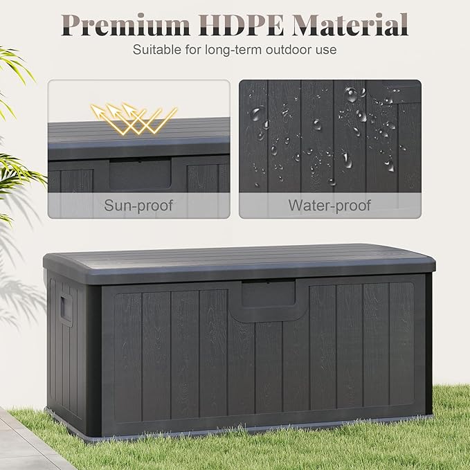HAPPYGRILL Outdoor Storage Deck Box with Lockable Design & Gas Strut, Handle, 100 Gallon HDPE Patio Storage Organizer for Lawn Backyard Poolside (Gray)
