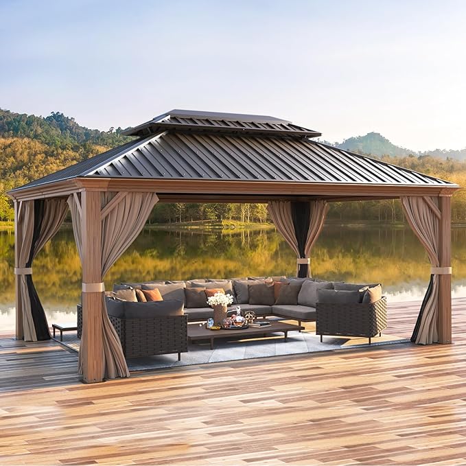 MELLCOM 12'x16' Hardtop Gazebo, Wood Grain Aluminum Frame Outdoor Gazebo with Double Galvanized Steel Roof, Permanent Metal Pavilion with Curtains and Nettings for Patio, Backyard, Deck and Lawns