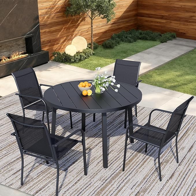 5 Pieces Round Dining Table Set for 4, Patio Dining Set Includes 4 Black Stackable Patio Chairs and 1 Black Round Table, Patio Furniture Sets with Sling Support for Outside, Garden
